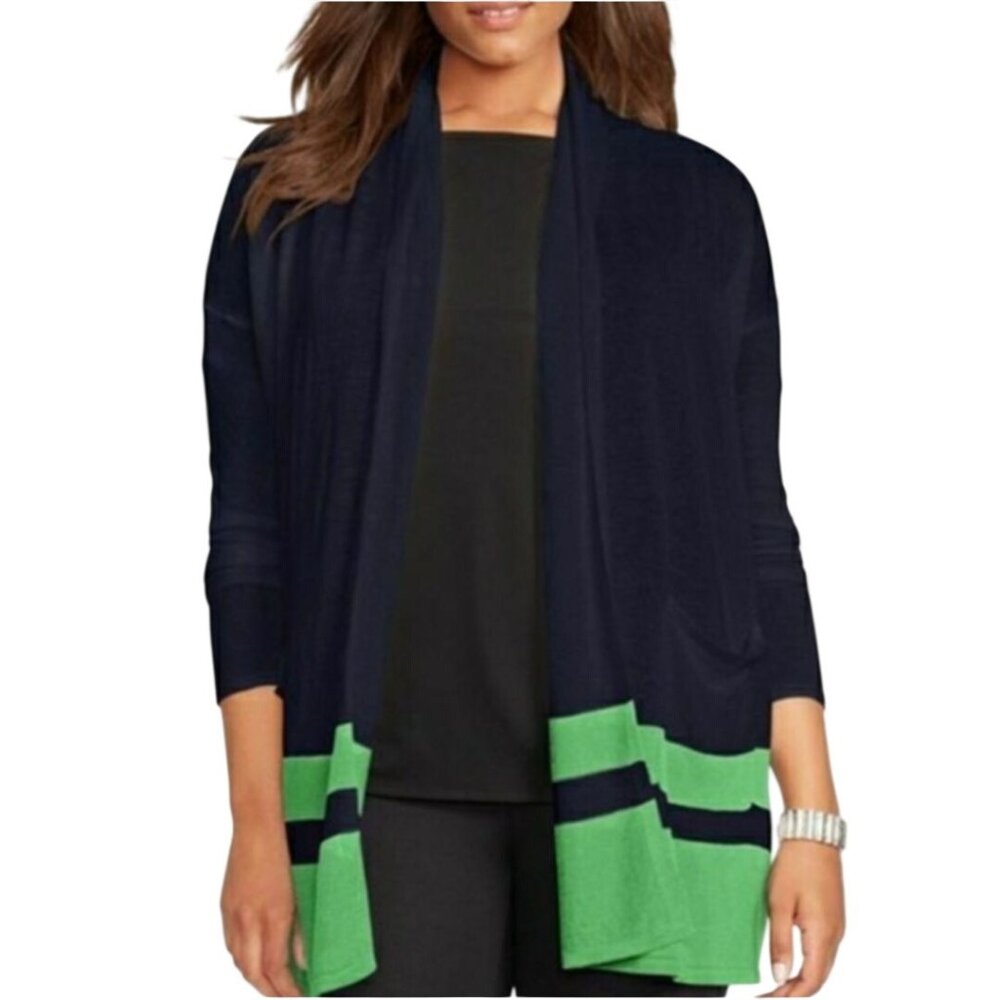 Lauren Ralph Lauren Linen Blend Border Striped Navy & Green Cardigan Size 2X